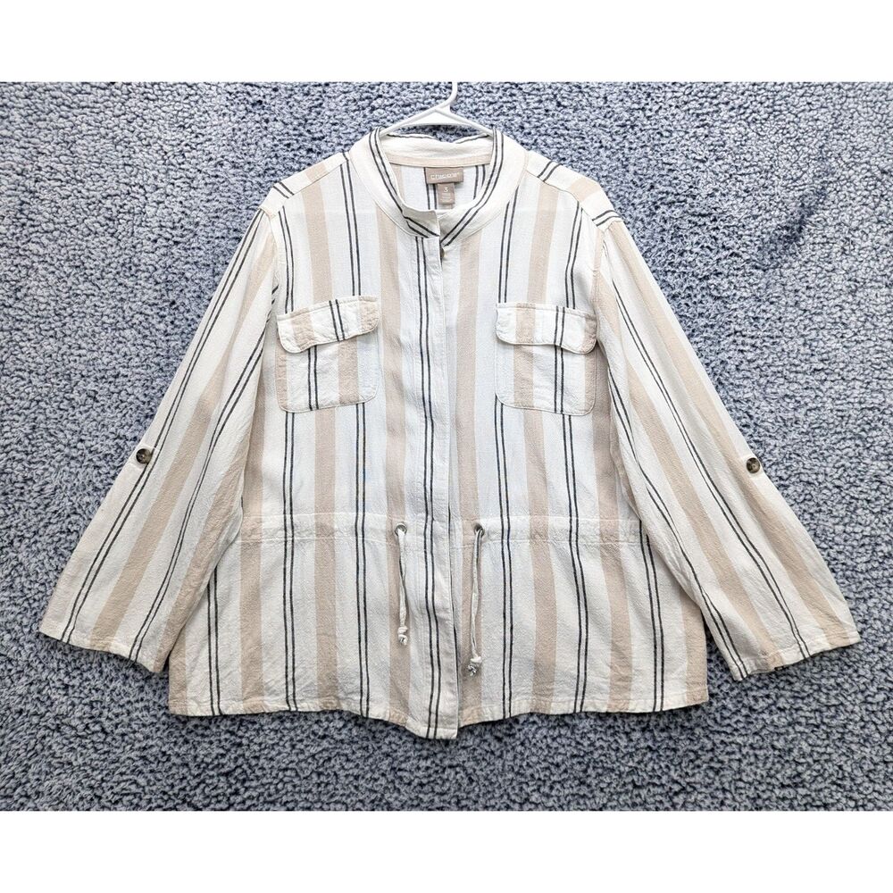Chicos Linen Blend Bohemian Jacket Size XL / 3 Button Up Striped Blazer Cream